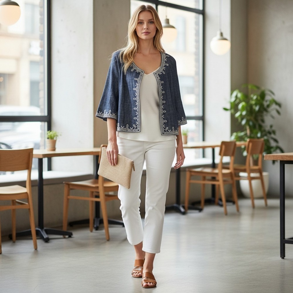 Oscar de la Renta Blue Embroidered Denim Look Cropped Jacket Size 6